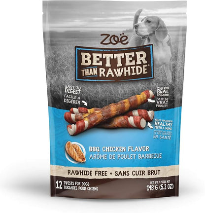 Zoë Better Than Rawhide Dog Chew Twists – Assorted Flavour, Rawhide-Free Treats with Real Chicken, 12 Pack, 148g