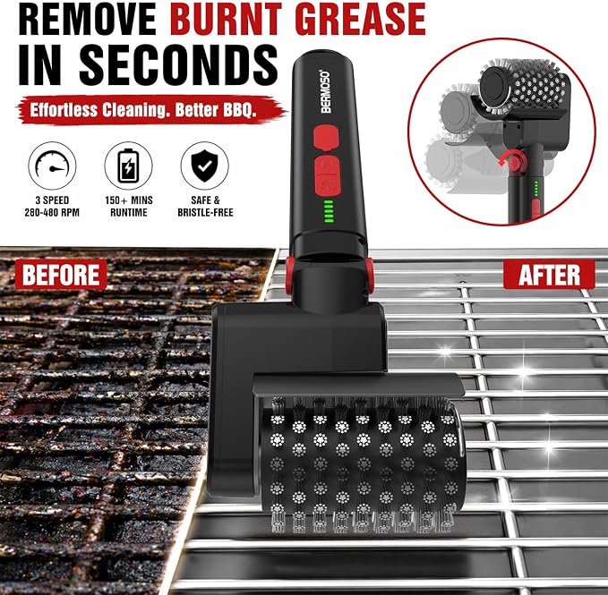 Bermoso Cordless Electric Grill Brush & BBQ Cleaner – 3-Speed 280–480 RPM, 3 Interchangeable Heads, 5000mAh Battery, 150-Min Runtime, Waterproof USB-C Rechargeable