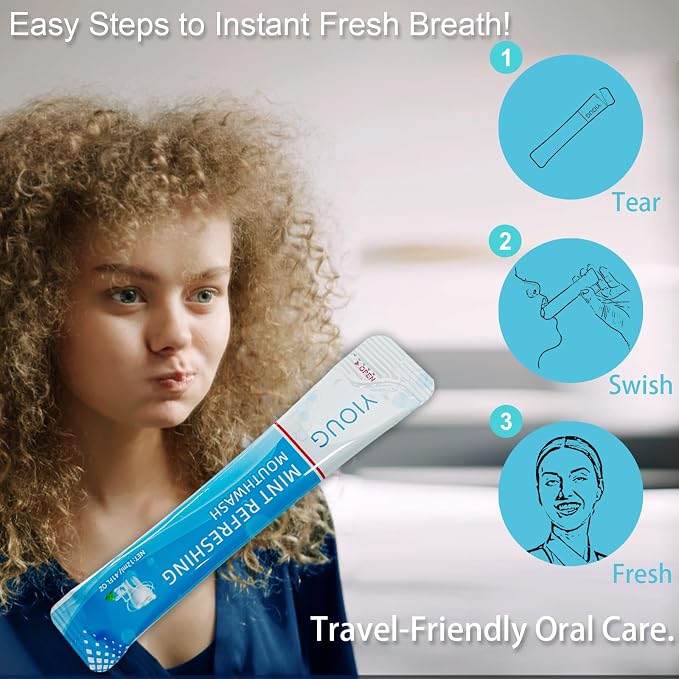 YIOUG Portable Travel Mouthwash Packets – Mint Alcohol-Free Oral Rinse Strips, 20 Count