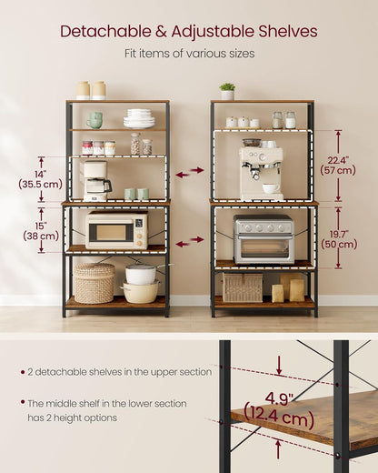 6 Tier Kitchen Baker's Rack with Adjustable Shelf, Microwave Stand, Coffee Bar Station and Storage Shelves with Hooks 31.5" Rustic Brown and Ink Black KKS019B01