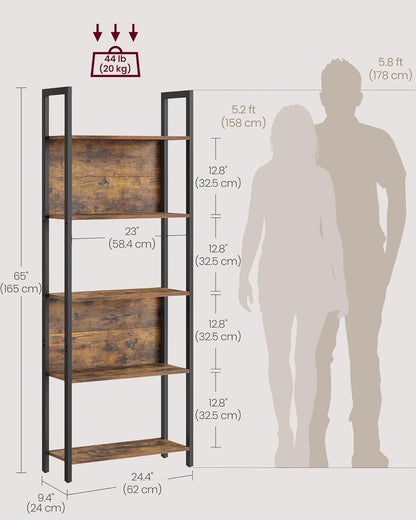 5 Tier Bookshelf, Industrial Bookcase with Steel Frame, Open Display Storage Shelf for Living Room, Home Office and Bedroom Rustic Brown and Ink Black LLS025B01