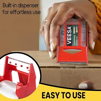 VEESA Heavy Duty Packing Tape Dispenser with 12 Rolls Clear Packing Tape – 2 Inch Shipping Tape Gun, Carton Sealing Tape for Moving, Packaging, Warehouse, Office & Ecommerce Shipping