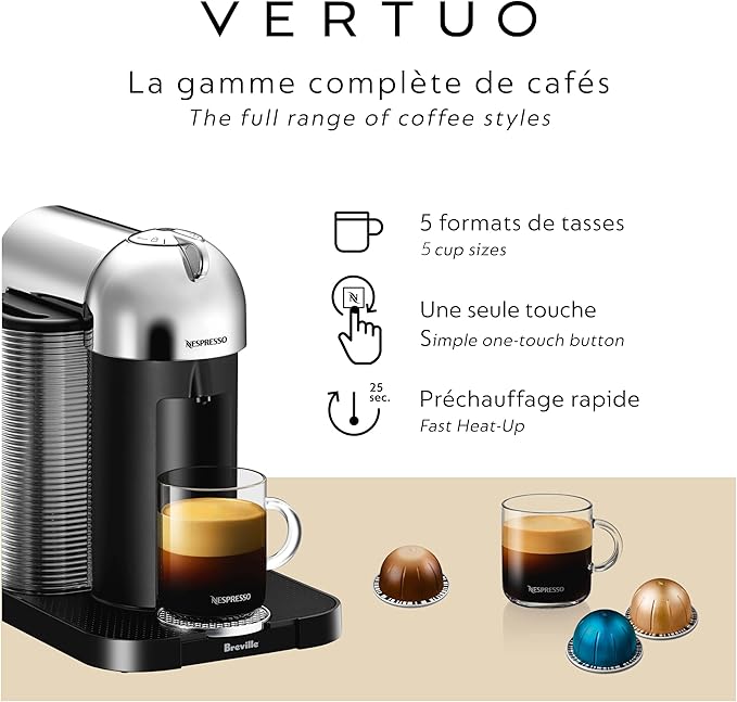 Nespresso Vertuo Coffee & Espresso Machine by Breville with Aeroccino Milk Frother – 4 Brew Sizes, Centrifusion Technology, Chrome