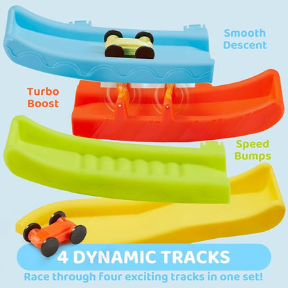 Race Track Car Ramp Toy – Toddler Montessori Car Ramp with 4 Cars and Parking Spaces, Ages 18M+