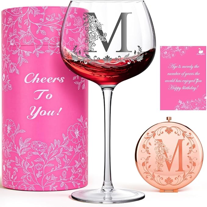 Swanfort Personalized Initial Wine Glass & Mirror Gift Set – Monogrammed Letter Stemless Wine Glass for Women