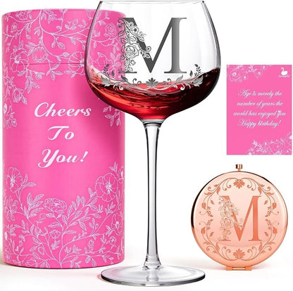 Swanfort Personalized Initial Wine Glass & Mirror Gift Set – Monogrammed Letter Stemless Wine Glass for Women