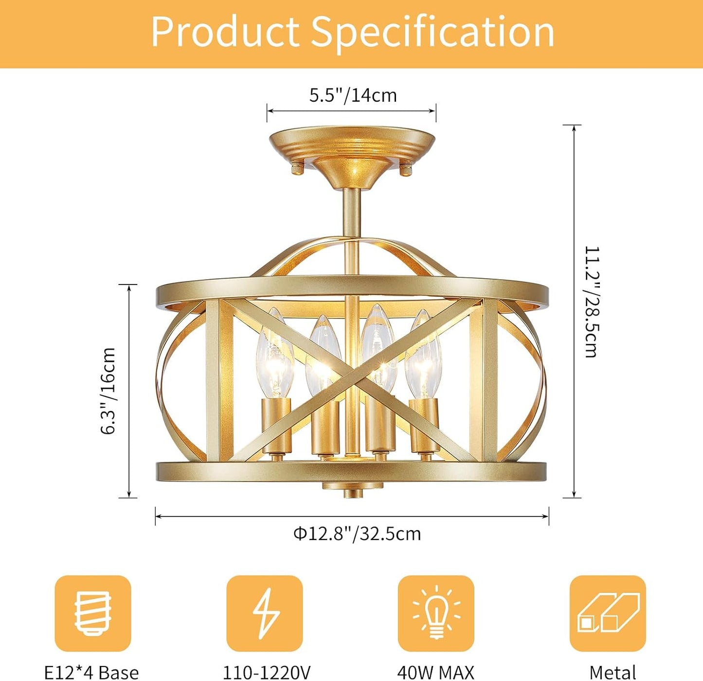 LOOYD Gold Semi Flush Mount Ceiling Light – Vintage Metal Ceiling Fixture for Kitchen, Bedroom & Hallway