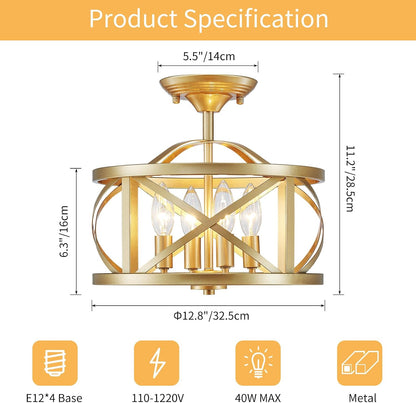 LOOYD Gold Semi Flush Mount Ceiling Light – Vintage Metal Ceiling Fixture for Kitchen, Bedroom & Hallway