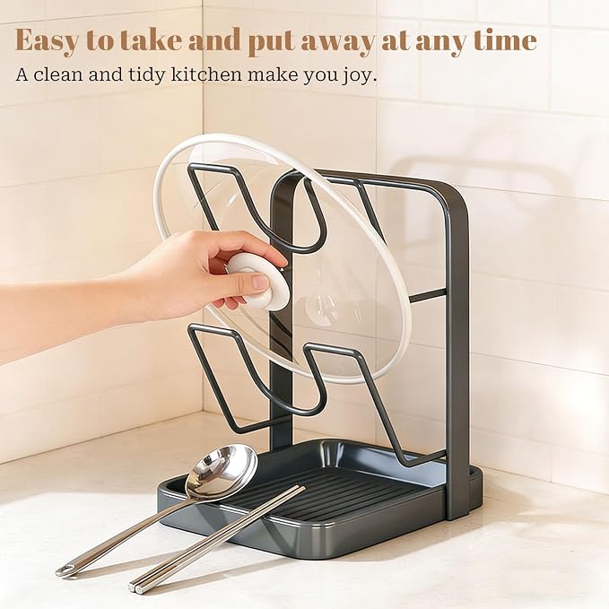 Tugkew 2-Tier Pot Lid Organizer Rack – Stainless Steel Countertop Lid Holder with Removable Drip Tray & Spoon Rest, Beige & Grey
