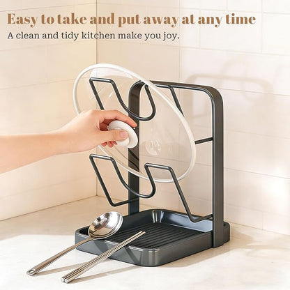 Tugkew 2-Tier Pot Lid Organizer Rack – Stainless Steel Countertop Lid Holder with Removable Drip Tray & Spoon Rest, Beige & Grey
