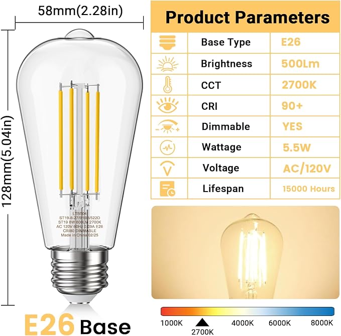 Novapollo ST19 Vintage Edison LED Light Bulbs – 60W Equivalent, 5.5W Dimmable, 2700K Soft White, E26 Base