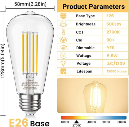 Novapollo ST19 Vintage Edison LED Light Bulbs – 60W Equivalent, 5.5W Dimmable, 2700K Soft White, E26 Base