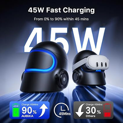 Aubika 3-in-1 VR Charging Station for Meta Quest 3/3S/Pro/2 – 45W USB-C Charger, Hidden Storage & RGB Light