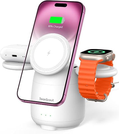 SwanScout 3-in-1 Wireless Charging Station – Magnetic iPhone Charger with Apple Watch & AirPods Charging, USB-C