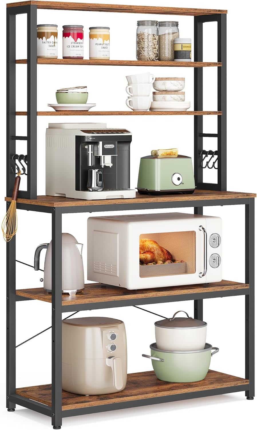 6 Tier Kitchen Baker's Rack with Adjustable Shelf, Microwave Stand, Coffee Bar Station and Storage Shelves with Hooks 31.5" Rustic Brown and Ink Black KKS019B01