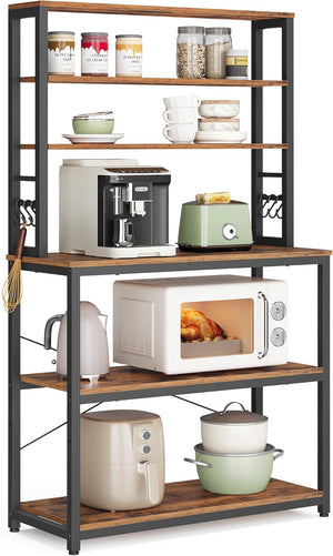 6 Tier Kitchen Baker's Rack with Adjustable Shelf, Microwave Stand, Coffee Bar Station and Storage Shelves with Hooks 31.5" Rustic Brown and Ink Black KKS019B01