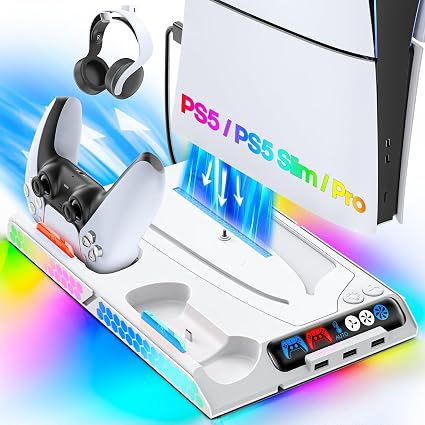 Tokluck PS5 Cooling Stand & Controller Charging Station – Vertical Dock with Auto Temperature-Controlled Fan, 9 RGB Lighting Modes & USB Hub for PS5, PS5 Slim and PS5 Pro