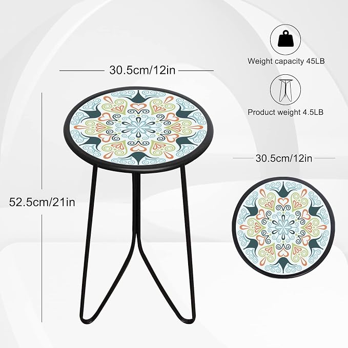 Liffy 12-Inch Round Patio Side Table – Decorative Glass Top Metal Outdoor Accent Table & Plant Stand for Garden, Balcony, Living Room & Bedroom