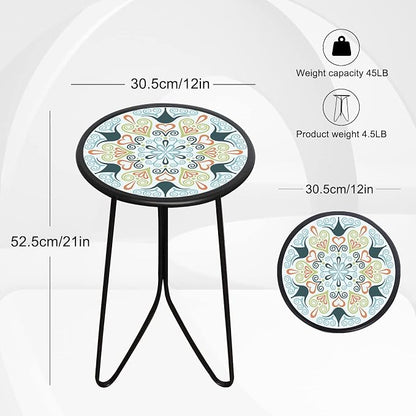 Liffy 12-Inch Round Patio Side Table – Decorative Glass Top Metal Outdoor Accent Table & Plant Stand for Garden, Balcony, Living Room & Bedroom