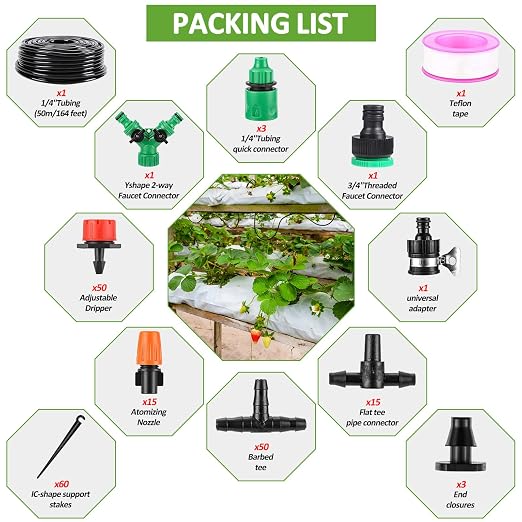 LasTool 164FT Drip Irrigation Kit – 50M Automatic Garden Watering System with 1/4" Tubing, Adjustable Drip Emitters & Mist Sprayer Nozzles