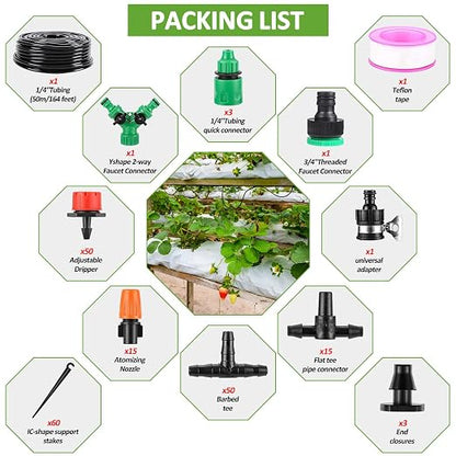 LasTool 164FT Drip Irrigation Kit – 50M Automatic Garden Watering System with 1/4" Tubing, Adjustable Drip Emitters & Mist Sprayer Nozzles
