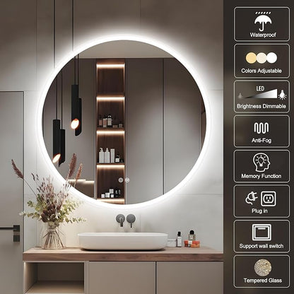 32" Round LED Bathroom Mirror – 3D Border Backlit Vanity Mirror with Anti-Fog, Dimmable 3-Colour Lighting & Tempered Glass