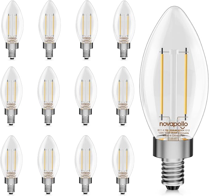 Novapollo B11 E12 LED Candelabra Light Bulbs 12-Pack – 40W Equivalent, 4.5W Dimmable, 2700K Soft White, 350 Lumens