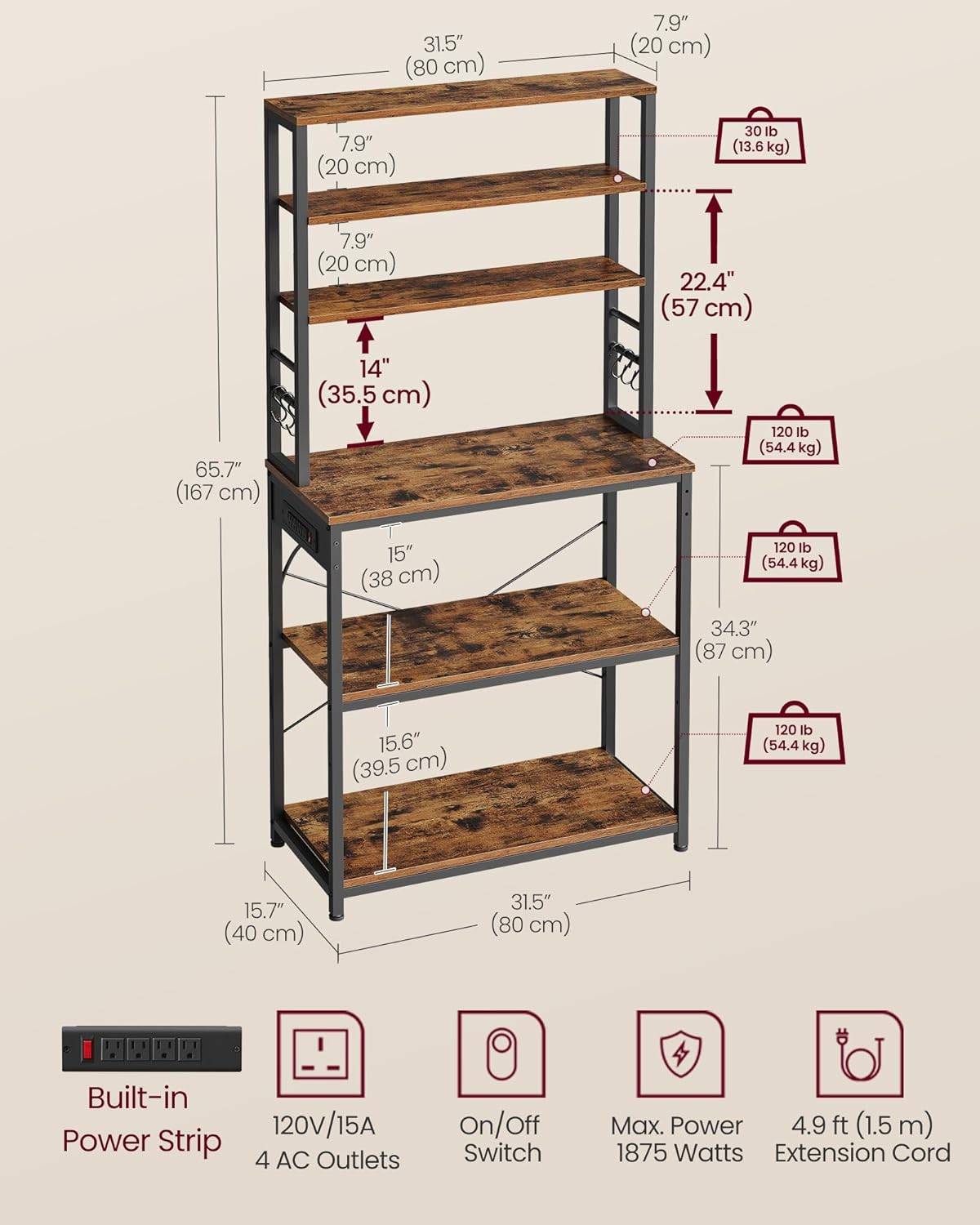 Kitchen Baker's Rack with Power Outlet, Coffee Bar Station, Microwave Stand and 6 Tier Storage Shelves with Hooks 31.5" Rustic Brown and Ink Black KKS119K01