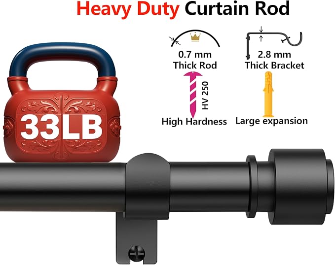 BloomFlower Adjustable Curtain Rod 18–128 Inches – Heavy Duty Black Metal Drapery Rod, 7/8 Inch Diameter with Modern Finials & Wall Mount Brackets for Large Windows