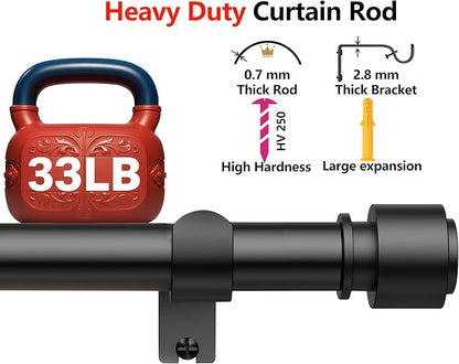 BloomFlower Adjustable Curtain Rod 18–128 Inches – Heavy Duty Black Metal Drapery Rod, 7/8 Inch Diameter with Modern Finials & Wall Mount Brackets for Large Windows