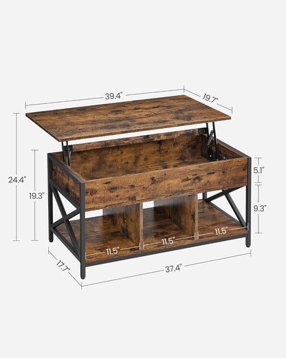 Lift Top Coffee Table with Hidden Storage & 3 Open Shelves – Industrial Living Room Table Rustic Brown & Black LCT202B01V1