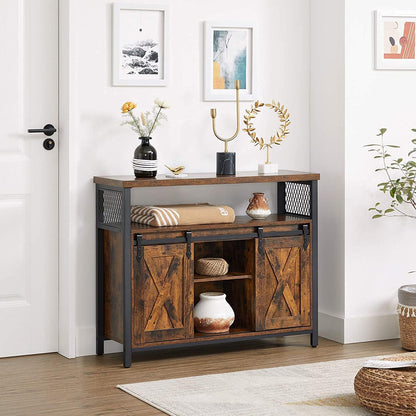 Buffet Cabinet with Sliding Barn Doors, Coffee Bar Cabinet, Sideboard Storage Cabinet with Adjustable Shelves for Dining Room, Living Room and Kitchen Rustic Brown and Ink Black LSC092B01