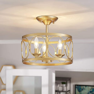 LOOYD Gold Semi Flush Mount Ceiling Light – Vintage Metal Ceiling Fixture for Kitchen, Bedroom & Hallway