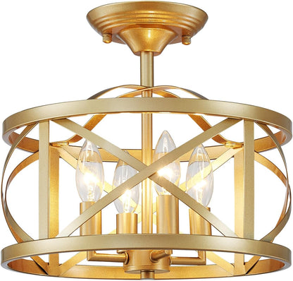 LOOYD Gold Semi Flush Mount Ceiling Light – Vintage Metal Ceiling Fixture for Kitchen, Bedroom & Hallway