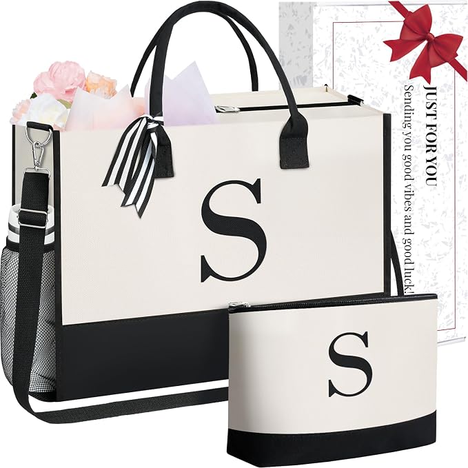 BAGAIL Personalized Initial Tote Bag Set – Large Monogram Canvas Tote with Shoulder Strap & Matching Cosmetic Bag