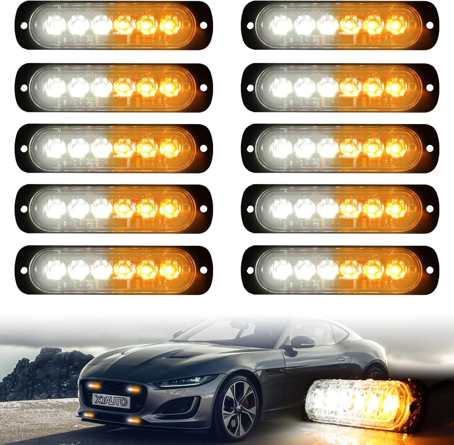 10PCS 6 LED Emergency Strobe Warning Lights Amber White 18 Flash Modes 12V 10PCSL