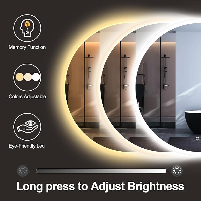 32" Round LED Bathroom Mirror – 3D Border Backlit Vanity Mirror with Anti-Fog, Dimmable 3-Colour Lighting & Tempered Glass