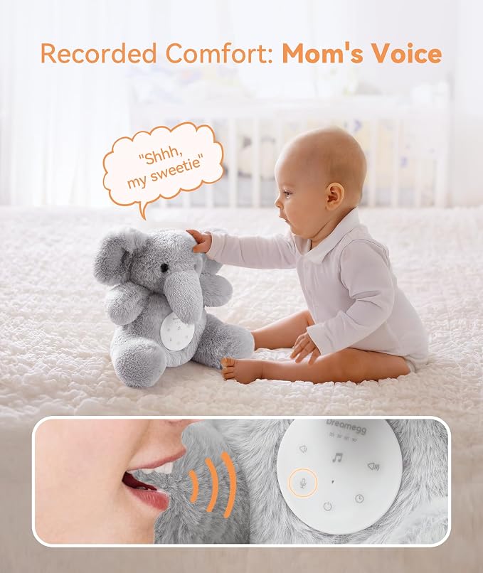 Dreamegg Baby White Noise Machine – Plush Elephant Sleep Soother with 21 Calming Sounds, Voice Recording, USB-C Rechargeable Battery & Washable Cover