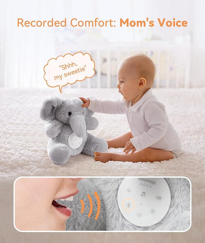Dreamegg Baby White Noise Machine – Plush Elephant Sleep Soother with 21 Calming Sounds, Voice Recording, USB-C Rechargeable Battery & Washable Cover