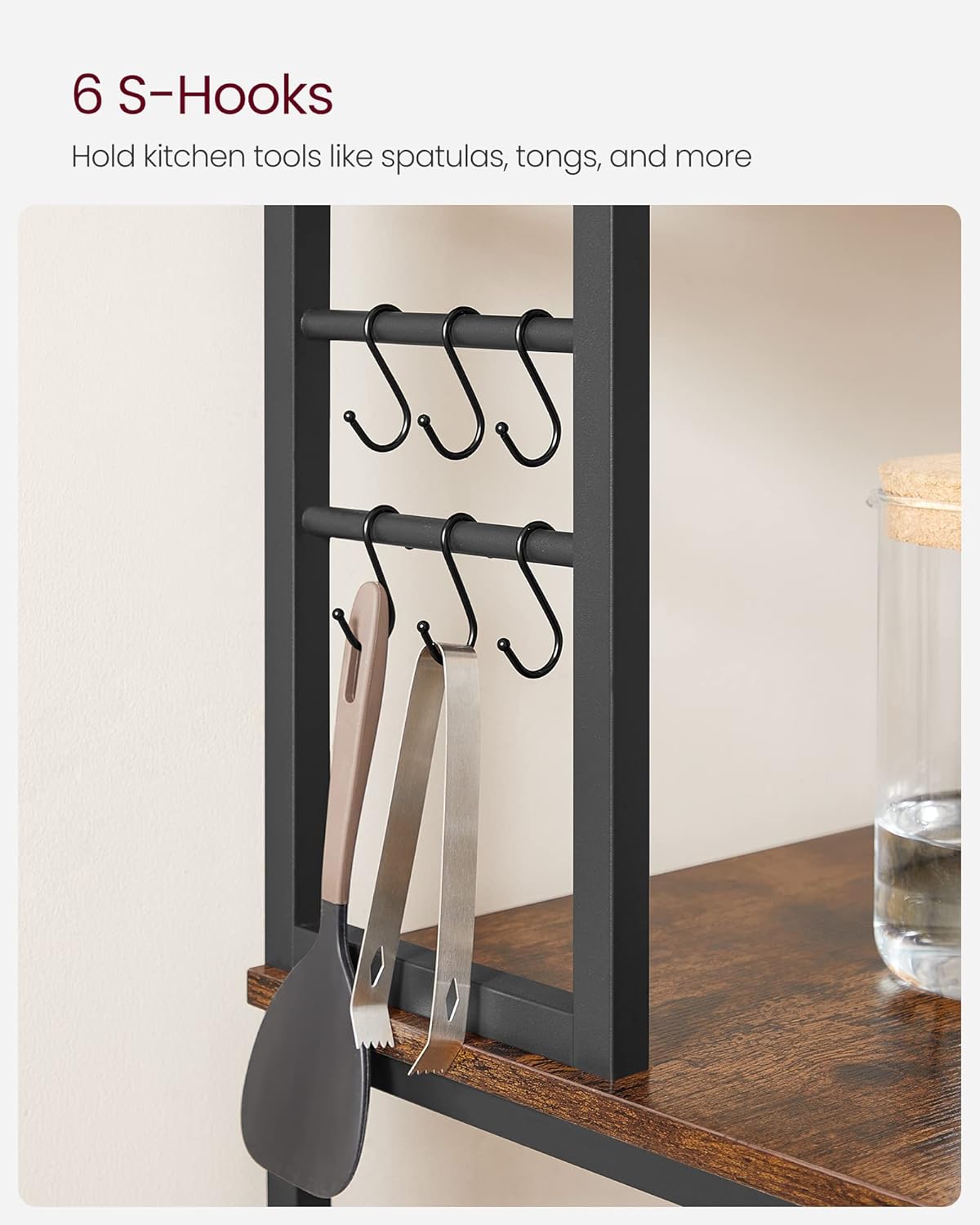 6 Tier Kitchen Baker's Rack with Adjustable Shelf, Microwave Stand, Coffee Bar Station and Storage Shelves with Hooks 31.5" Rustic Brown and Ink Black KKS019B01