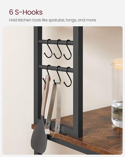 6 Tier Kitchen Baker's Rack with Adjustable Shelf, Microwave Stand, Coffee Bar Station and Storage Shelves with Hooks 31.5" Rustic Brown and Ink Black KKS019B01