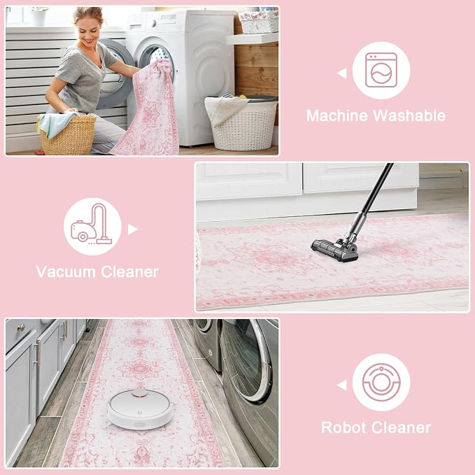 Meiliweser 6' x 9' Washable Area Rug – Pink Floral Vintage Low-Pile Rug with Non-Slip Backing