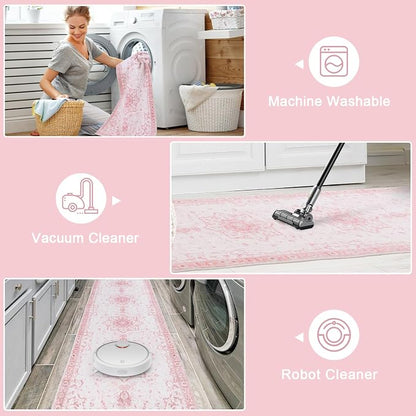 Meiliweser 6' x 9' Washable Area Rug – Pink Floral Vintage Low-Pile Rug with Non-Slip Backing