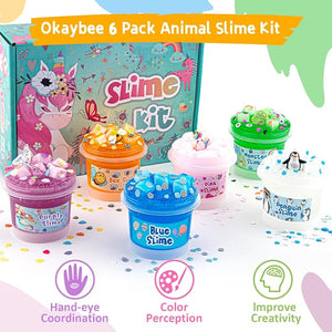 Okaybee Clear Slime Kit for Kids – 6-Pack 600ml Colourful Stretchy Slime with 13 Add-In Packs, Jelly Cube & Crunchy Sensory Slime, Ages 3+