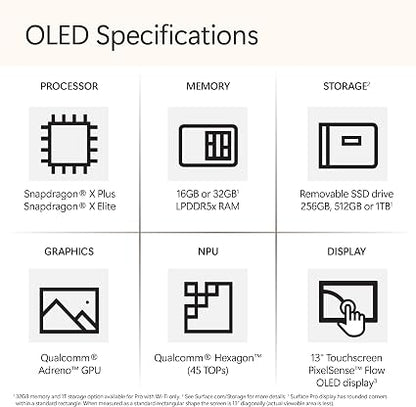 Microsoft Surface Pro 11th Edition Copilot+ PC – 13" OLED Touchscreen, Snapdragon X Elite 12-Core, 16GB RAM, 256GB SSD