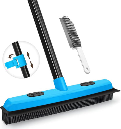 JEHONN Rubber Broom with Squeegee Pet Hair Remover 134CM Long Handle Carpet Rake for Floor and Window Cleaning