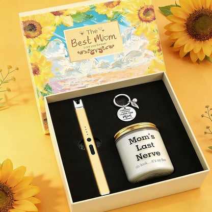LcFun Mom Gift Set – Lavender Scented Soy Candle, USB-C Electric Candle Lighter & Mom Keychain in Gift Box