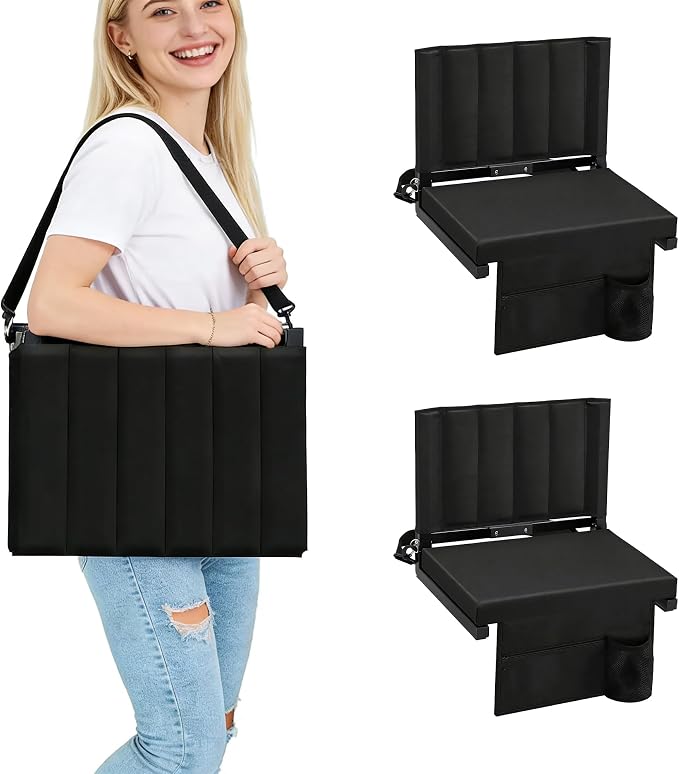 Zuqoia Portable Stadium Seat with Back Support – Wide Padded Folding Bleacher Chair with Shoulder Strap, Black
