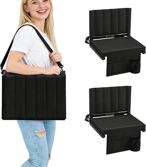 Zuqoia Portable Stadium Seat with Back Support – Wide Padded Folding Bleacher Chair with Shoulder Strap, Black