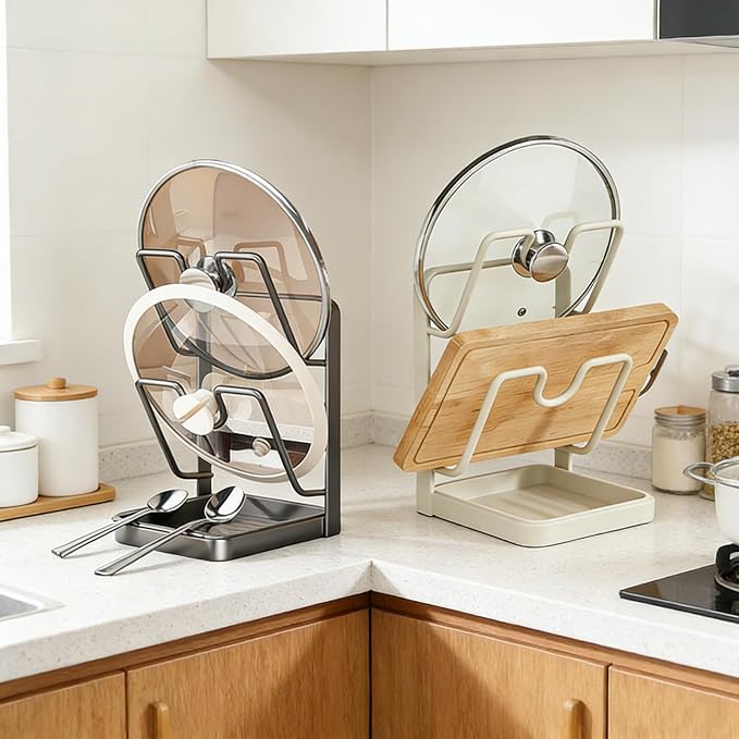 Tugkew 2-Tier Pot Lid Organizer Rack – Stainless Steel Countertop Lid Holder with Removable Drip Tray & Spoon Rest, Beige & Grey